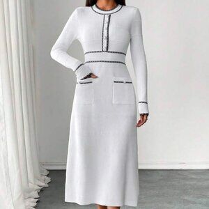 Classic Elegant Waisted Round Neck Sweater Dress